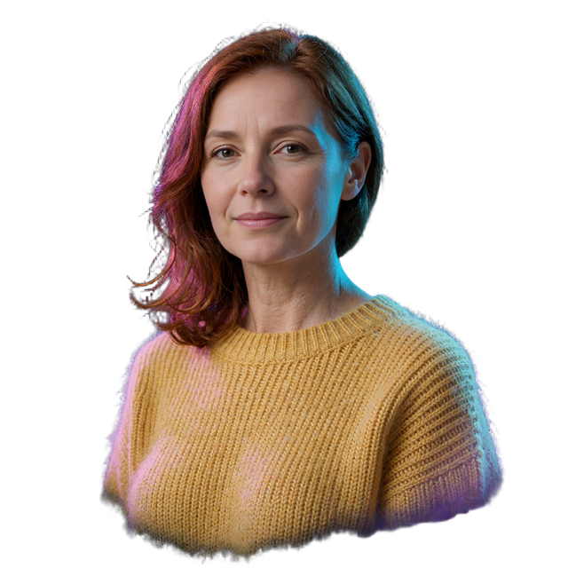 Woman in a mustard knit sweater, aged 42, portrait representing dating sites for mature singles in our MatureSearch review