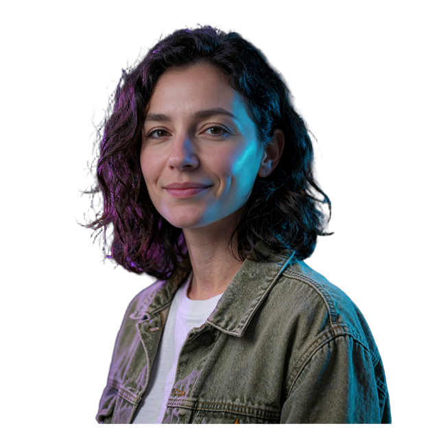 Smiling woman in a denim jacket, aged 28, illustrative member portrait for our MatureSearch review of fast AI dating matches